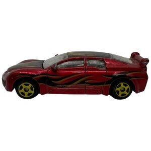 Red Diecast Toy Car with Yellow Flame Decals & Rear Spoiler